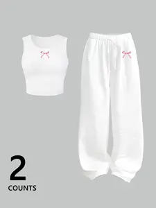 2-Pack Black & Pink Bow Coquette Set, Outfit, Clothes, Matching | Sleeveless Crop Top + Wide-Leg Pants – TikTok Aesthetic, Ruffled Texture, Sweet Bow Detail, Comfy, Casual, Relaxed Fitted, Perfect for #OOTD, #ChillDays. For Brunch, Lazy Nights, Fashion