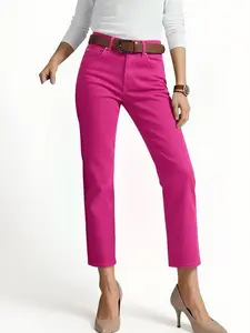 Women's Elegant Solid Color Slim Fit Mid-Thigh Jeans, hot pink pants for women,trouser jeans for women,Perfect for Office and Casual Wear, Classic Fashion Essential Style, Fashion Denim Pants