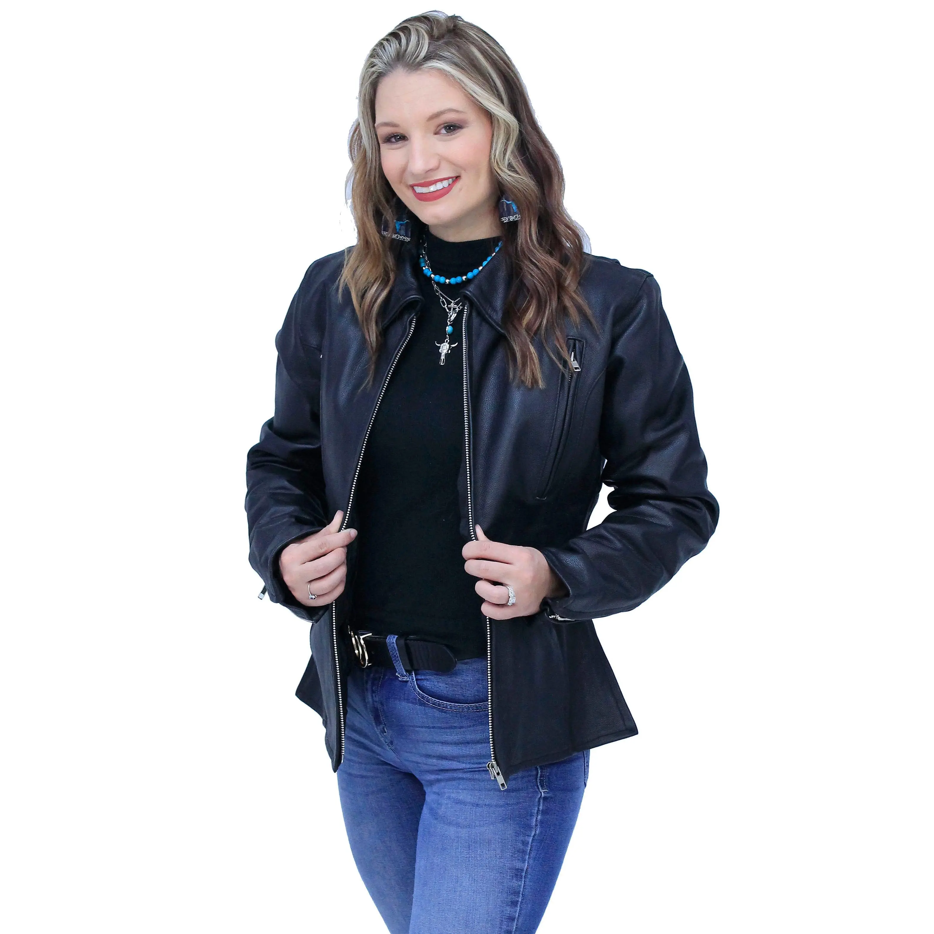 JAMIN LEATHER® Long Body Women's Motorcycle Jacket w/Vents #L6167VZK - Black Buffalo Leather, Fitted, Side Zippers, YKK Zippers, Snap Front Pockets, Ideal for Hot Weather Riding
