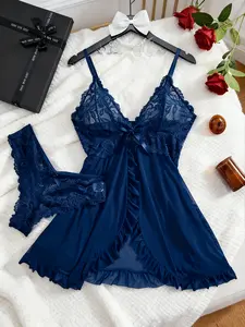 Women's Contrast Lace Ruffle Trim Wrap Cami Nightdress & Bow Front Panty Set, Comfort Fabric Adjustable Spaghetti Strap Backless Sleep wear Dress & Knicker Set, Women Underwear, Lingerie for Women Piece Fit Elegant night gown