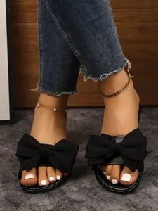 Bow Wide Strap Square Toe Sandals, Comfortable Non-Slip Rubber Sole, Fashionable PU Leather, Perfect for Spring Summer
