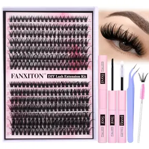FANXITON DIY Lash Extension Kit Volume Lash Clusters 40D+50D D Curl Individual Lashes Lash Clusters Kit Thick Eyelash Extension Kit 280pcs Thin Band Cluster Lashes Lash Bond and Seal and Lash Tweezers Makeup Cosmetic