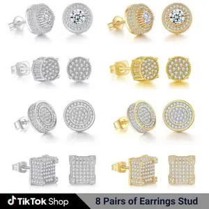 8 Pairs of Stud Earrings for Hip Hop Jewelry Set Gift for Men and Women Sparkling Zircon Accents Accessories