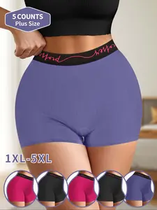 【Plus Size】 Letter Tape Boxer Brief, Soft Comfy Breathable Curvy Panty for Daily Wear, Fit Women's Underwear for All Seasons