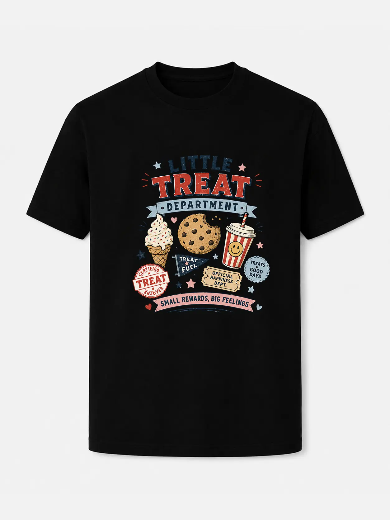 Little Treat Department Graphic Tee, Funny Snack Lover T Shirt, Ice Cream Cookie Drink Print, Unisex Casual Short Sleeve Crew Neck Top, Retro Everyday Humor Shirt, Black or White