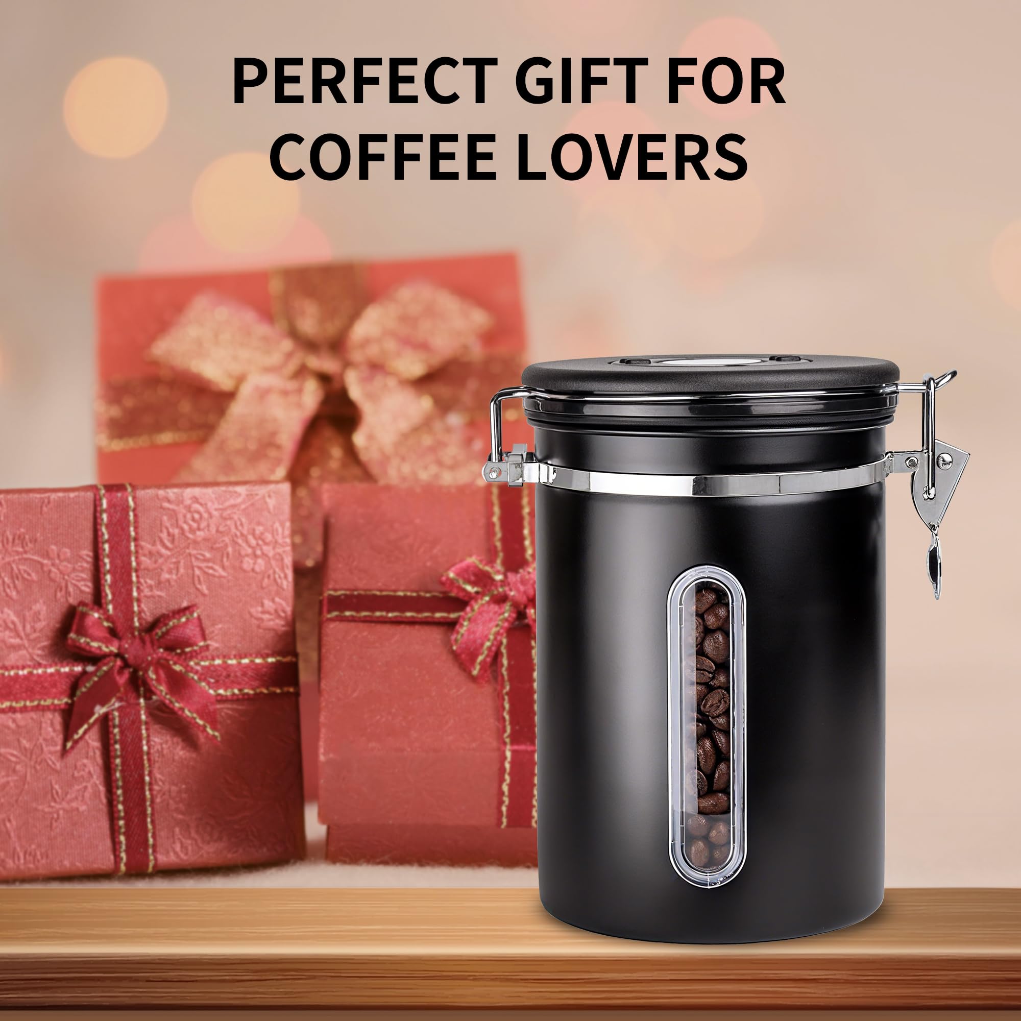 22OZ Coffee Canisters with Window,Scoop and AirtightLid Stainless Steel Kitchen Bean Storage Grounds Container (Black) Date Tracker and Scoop for Grounds Coffee Bar Accessories Beans, Cereal, Sugar,Rice,Tea, Flour, Cereal