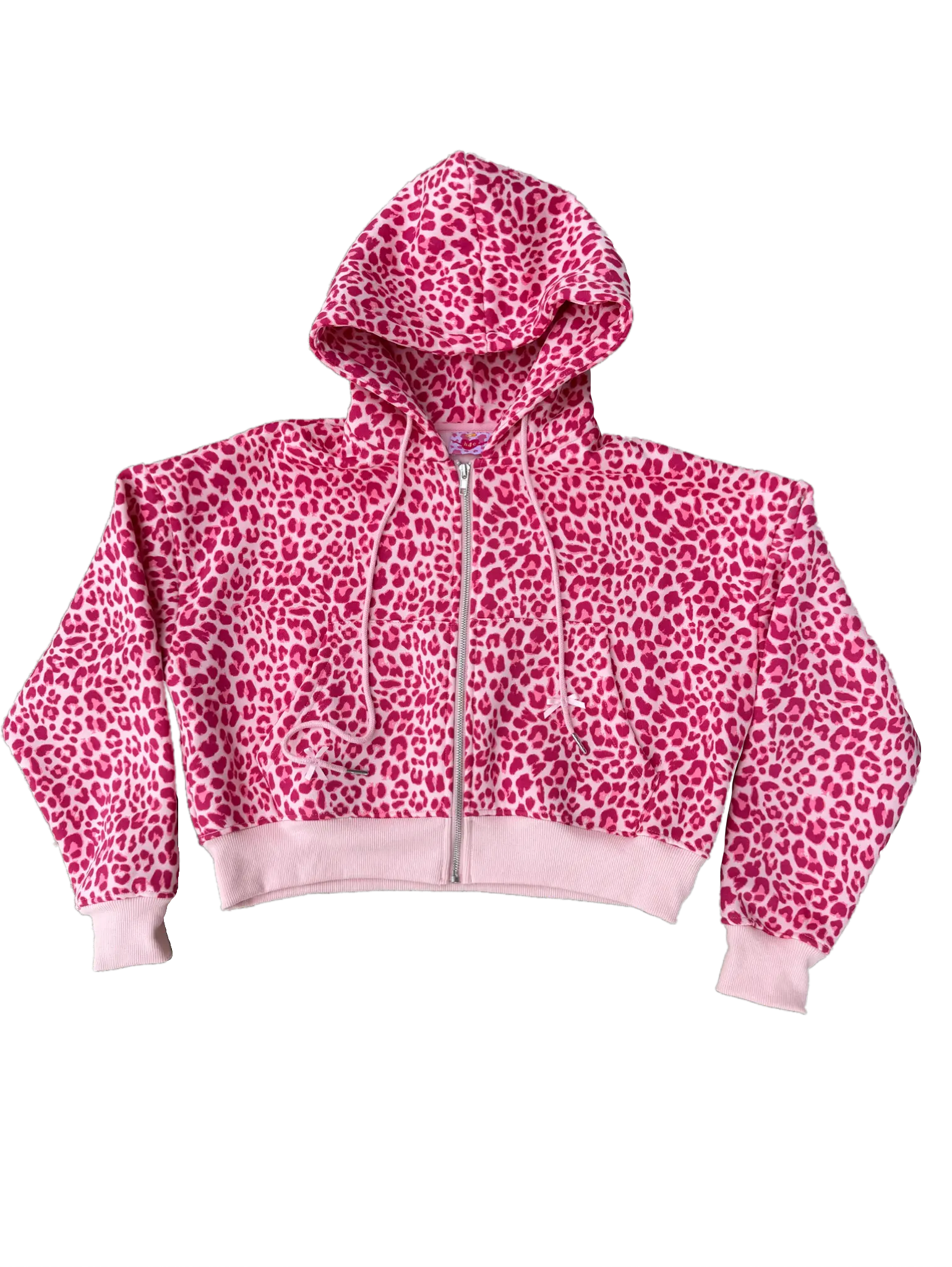 Plush Pink Leopard Zip-Up Jacket Bow Detailing Cozy Sweatsuit Girly