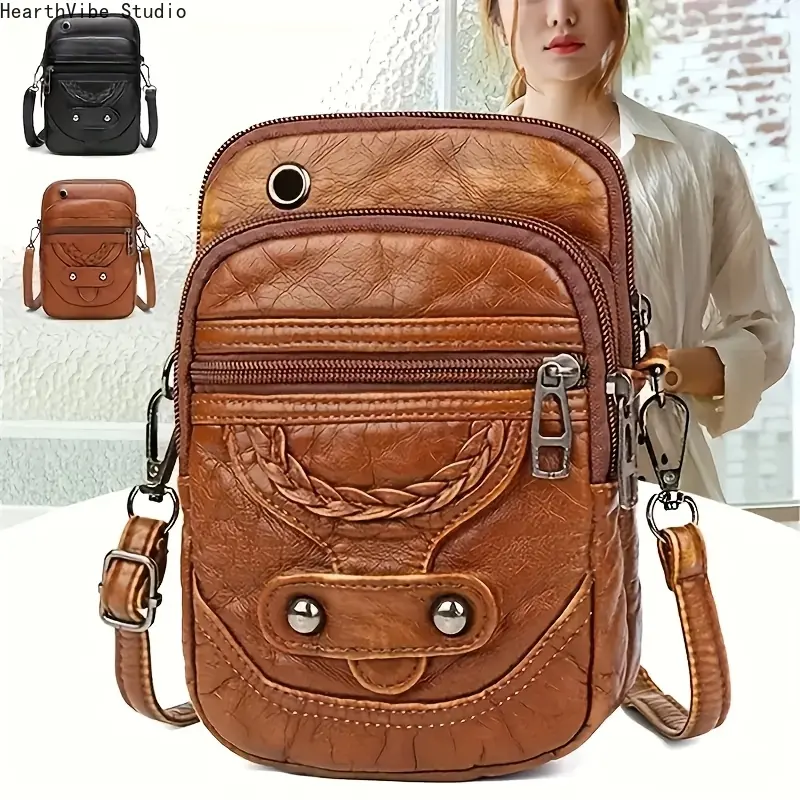 Women's Multi-Layer Mini Crossbody Bag — Multiple Zipper Pockets, Adjustable Long Shoulder Strap; Ideal for Mobile Phones & Essentials. Two Colors Available (Black / Light Brown).