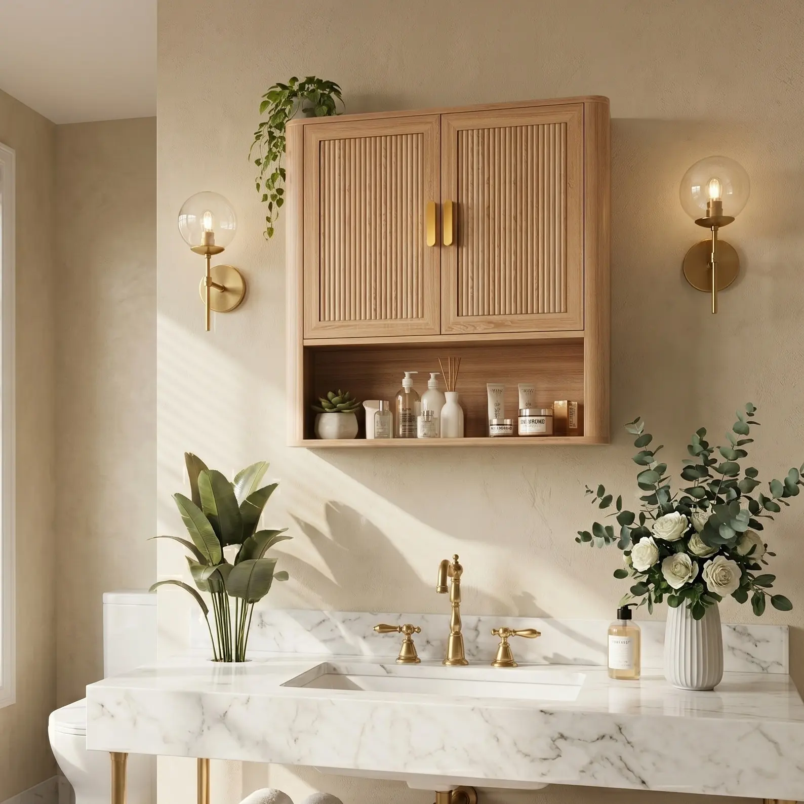 Aesthetic Fluted Bathroom Wall Cabinet with Gold Handles - Modern Wood Medicine Cabinet, Over the Toilet Storage Organizer for Home Decor & Organization