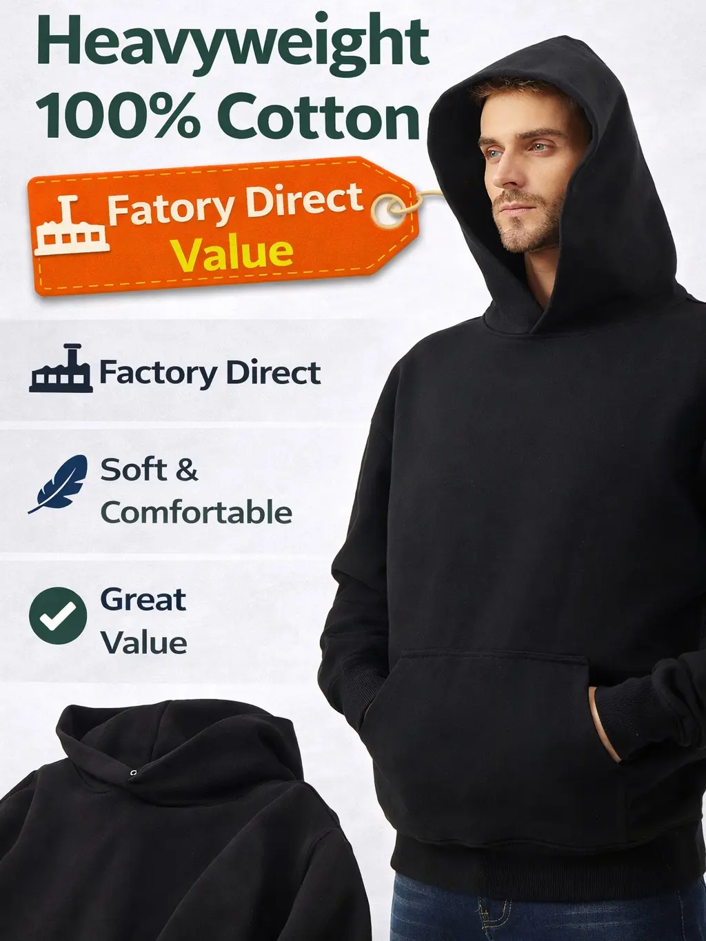 ECOTONE BLANKS 13.50 oz Heavyweight Biker Hoodie for Men, Unisex Plain Long Sleeve Fitted Pullover Sweatshirt, Party, Cotton, Cute, Preppy, S, Work, Tops, Longsleeves