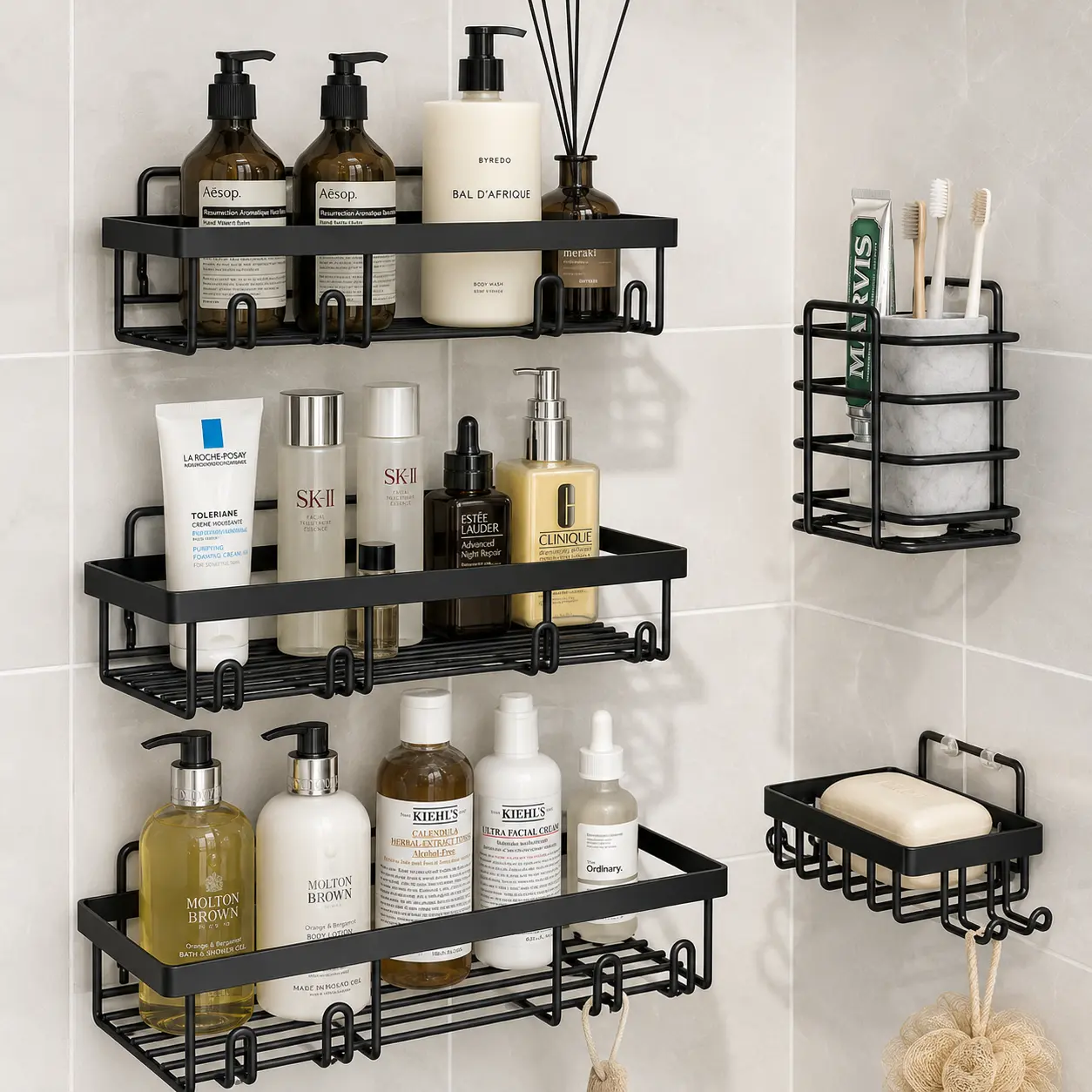 Black Drill-Free Stainless Steel 5-Piece L-Shaped Corner Shower Organizer Set, Bathroom Accessories with Hooks, Toothpaste Holder, Adhesive Mount, Modern Bathroom Storage [DealsForYouDays]