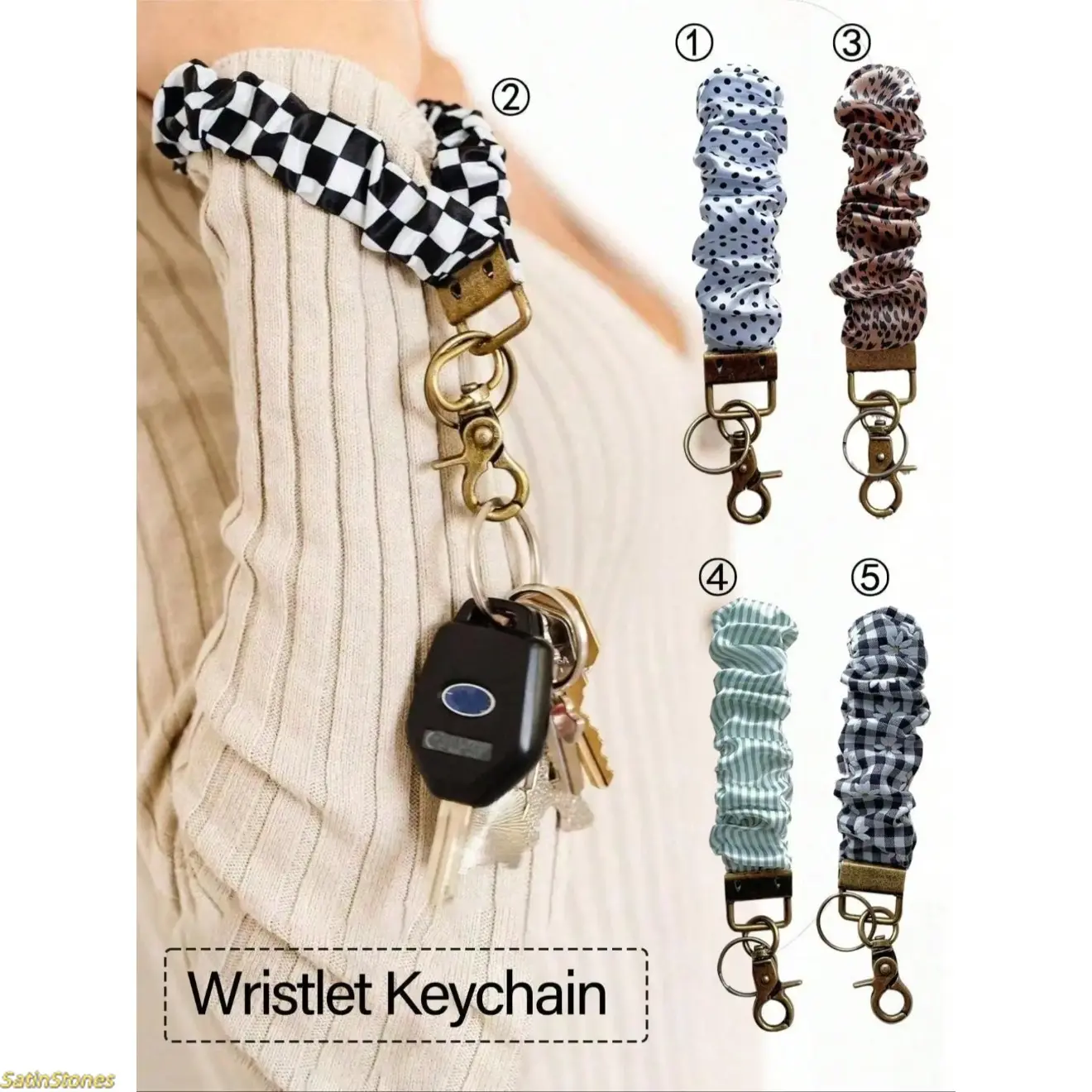 Women's Scrunchie Wristlet Keychain for Car Keys - Casual Elastic Lanyard in Checkered, Daisy or Striped Prints with Secure Clip & Bag Charm