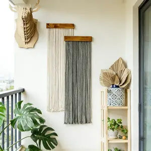 2 Piece Macrame Wall Hanging Set, Bohemian Style Tassel Wall Art for Living Room & Bedroom, Handmade Fiber Decor with Wood Background