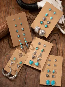 Women's Boho Style Turquoise Texture & Heart & Geometric & Animal Design Stud Earrings, Vintage Trendy Stud Earrings, Fashionable Jewelry for Women for Daily & Party Decoration