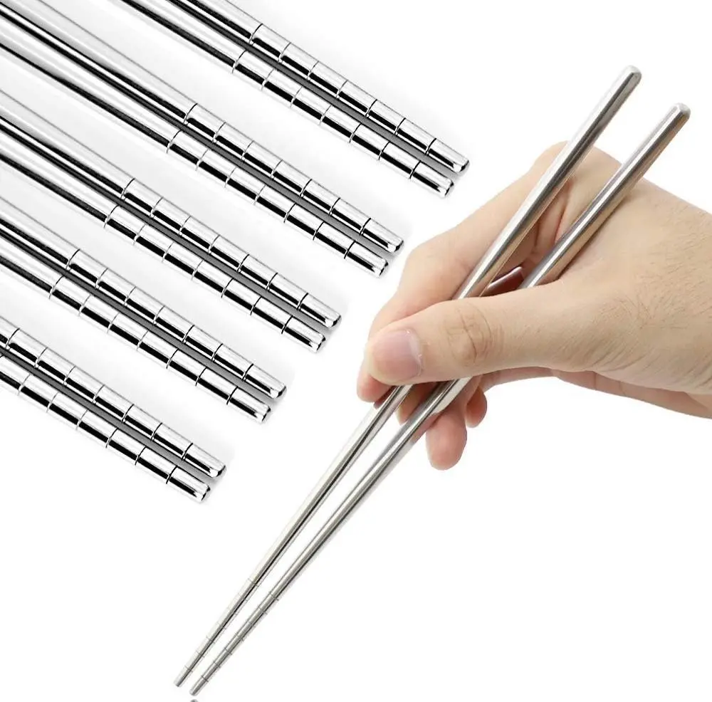 Food-Grade 304 Stainless Steel Chopsticks (5 Pairs) - 9.06 in Hollow Square, Non-Slip, Lightweight, Multicolor Silver Cutlery Tableware, Dishwasher Safe No Plastic Gift Set, Food-Grade Stainless Steel Chopsticks, No Plastic Chopsticks
