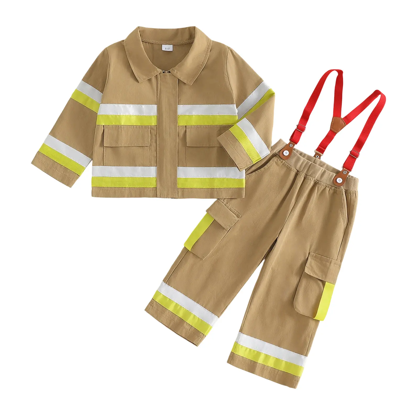 Kupretty Kids Toddler Baby Little Boys Firefighter Outfits Set Long Sleeve Zipper Up Jacket Coat and Suspenders Pants Costume Set 1-6 Years