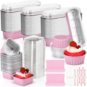 150 Pcs Mini Loaf Pans with Lids Disposable Ramekins 6.8 oz 5 oz Aluminum Foil Cake Baking Cups Round Rectangle Square Cupcake Sealing Sticker and Spoons for Flan Muffin Dessert Party Favors