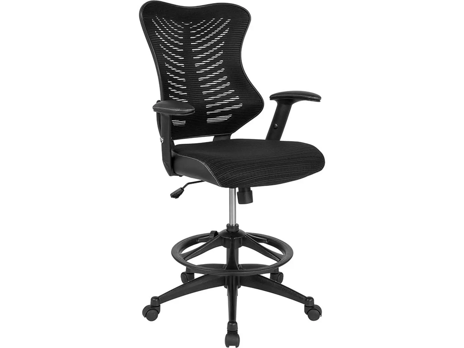 Flash Furniture BL-LB-8816D-GG High Back Designer Black Mesh Drafting Chair with Leather Sides, Adjustable Arms, Lumbar Pain Relief, Mesh and Foam Technology, Wheel-Based Design, Lumbar Pain Relief Desk Chairs, Mesh And Foam Technology Desk Chairs