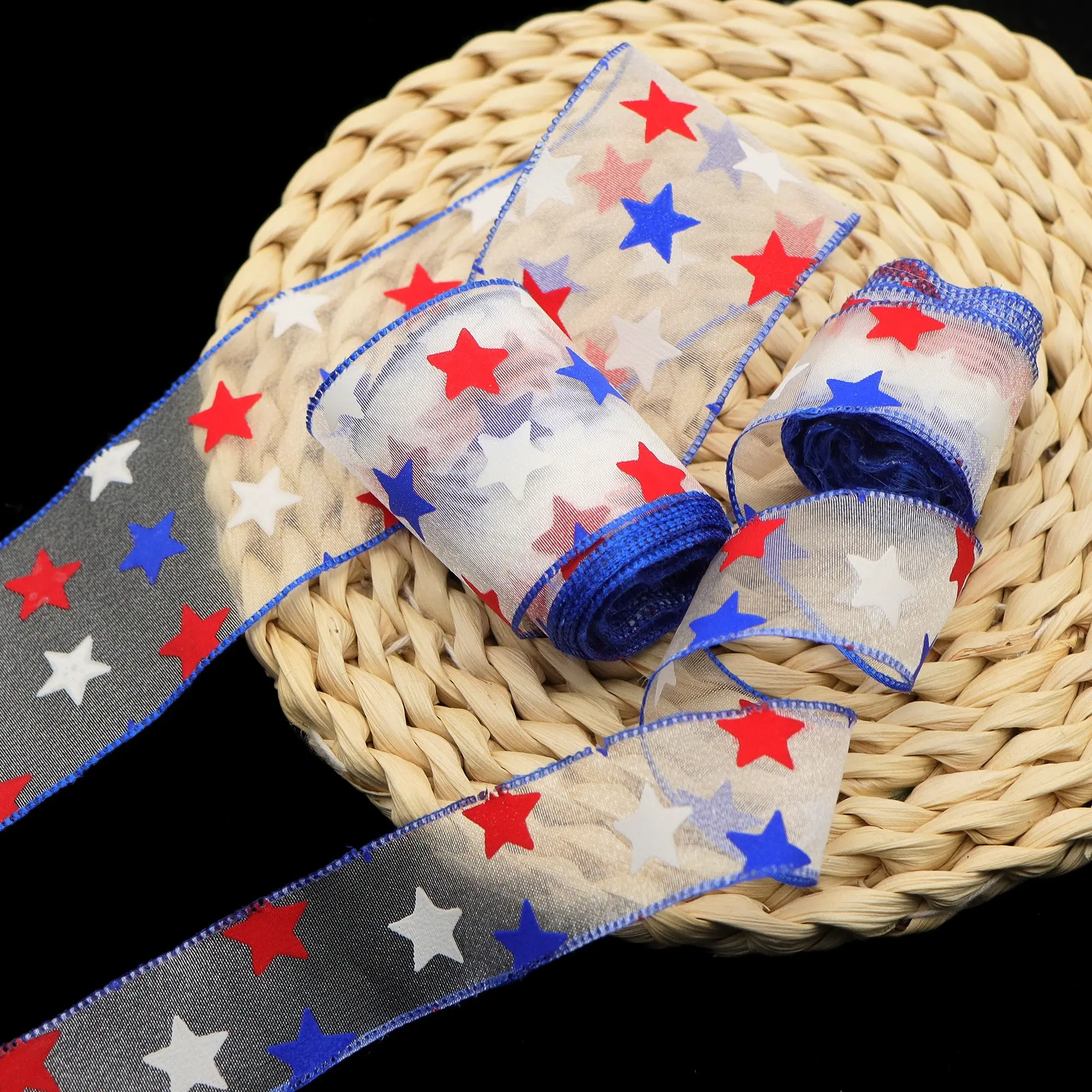 5 Yards/1Roll Retro Patriotic Ribbon Suitable for Fourth of July - Red White Blue Star Organza Ribbon with -Winding Widths (50mm) for Independence Day Crafts, Wreaths, Bows, Party Decorations - Pre-Cut for DIY Gifts，party decoration, Decorative Ribbon