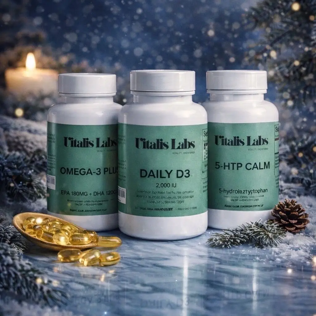 Winter Blues Pack-Daily D3, 5HTP Calm & Omega 3s - 3 Pack Bundle for Beating the Winter Blues and Emotional Support