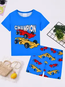 Boys' Short Sleeve Pajama Set, Cartoon Race Car Print, Casual Home Wear, Elastic Waist, H-Type Silhouette, 2-Piece