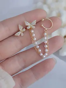 Gold Tone Rhinestone Butterfly Ear Cuff & Stud Set for Women, Pearl Chain Linked Earring Set, Romantic Bridal Ear Jewelry