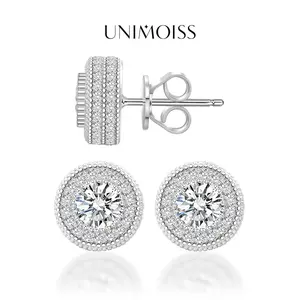 UniMoiss Round VVS Moissanite Hip Hop Iced Out Halo Stud Earrings Moissanite Jewelry Perfect Birthday Anniversary Gift for Women Men