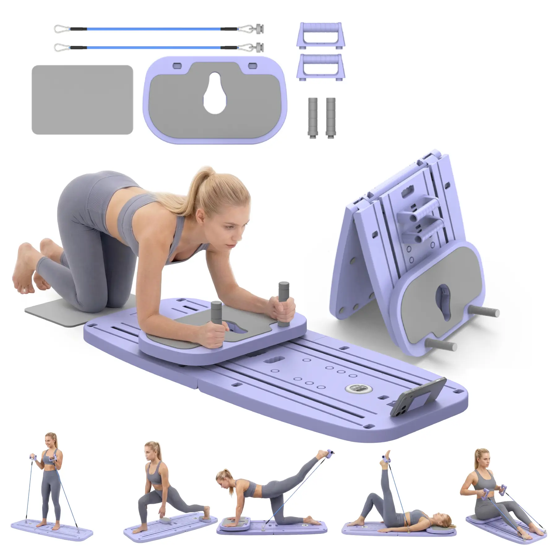 Multifunctional Exercise Board, Compact Pilates Board for Home Workout - Full Body Core Training Fitness Equipment with Resistance Bands, Portable Sliding Pilates Reformer for Beginners, Women's Daily Exercise