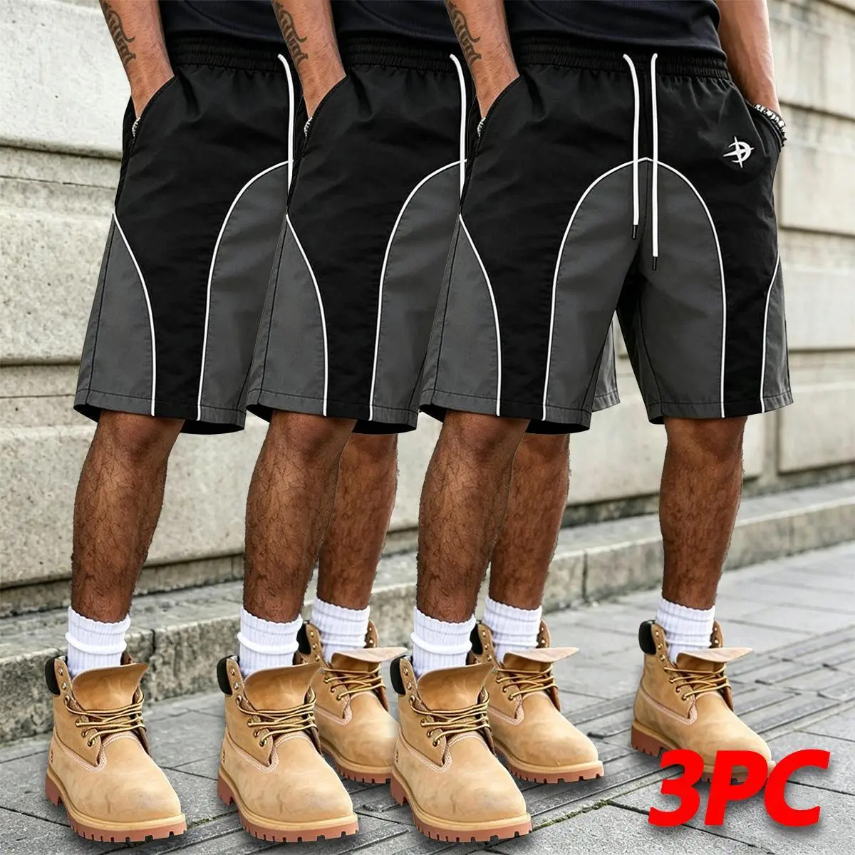 Men’s color-block track shorts with piping detail, elastic waistband with drawstring, casual streetwear shorts with pockets