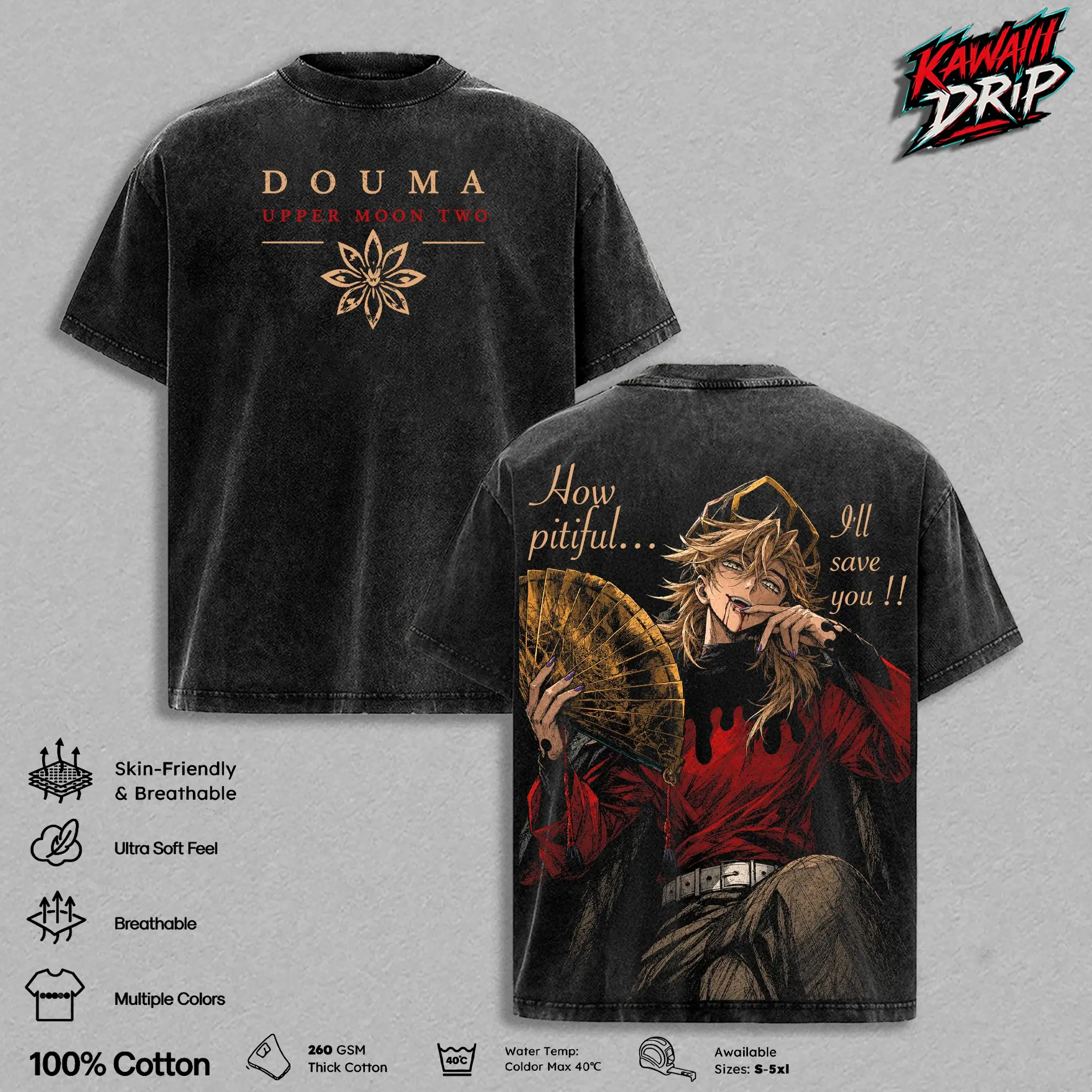 Douma Demon Slayer Vintage Washed T-Shirt, Upper Moon Two Graphic Tee, Kimetsu no Yaiba Anime Shirt, Blood Demon Art Manga Streetwear Oversized Heavy Cotton Unisex Fan Gift