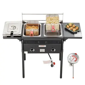 Spring new arrivals Outdoor Propane Deep Fryer, Double Burners Commercial Fryer, 16 Qt Stainless Steel Cooker with Removable Baskets & Lids & Tanks, Oil Fryer Cart with Thermometer & Regulator, For Outdoor Cooking
