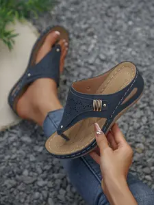 Women's Fashion Wedge Sandals, Summer, Ergonomic Arch Support, Breathable Outdoor Slip-Ons, Stylish Forefoot Design, Comfortable and Trendy, Rubber, Fashionable Sling Sandals
