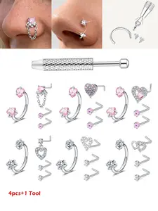 316L Stainless Steel 18G/20G Horseshoe Nose Rings With Double Heart CZ, L-Shaped Nose Studs, Assorted Nose Rings For Women & Girls, Nose Piercing Jewelry
