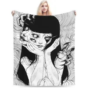 Anime Horror Tomie Girl Revenge Blanket Novelty Art Flannel Throw Blankets for Livingroom Home Sofa Bedroom Women Adults Girls Gift