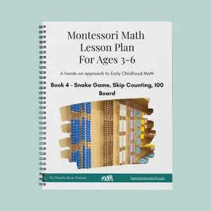 Book 4: Montessori snake game, 100 board, skip counting. Montessori math lesson plans for grades PreK to Kindergarten. Hands-on activities for place value, Montessori math activities. Montessori math material, math intervention. Math activity book.