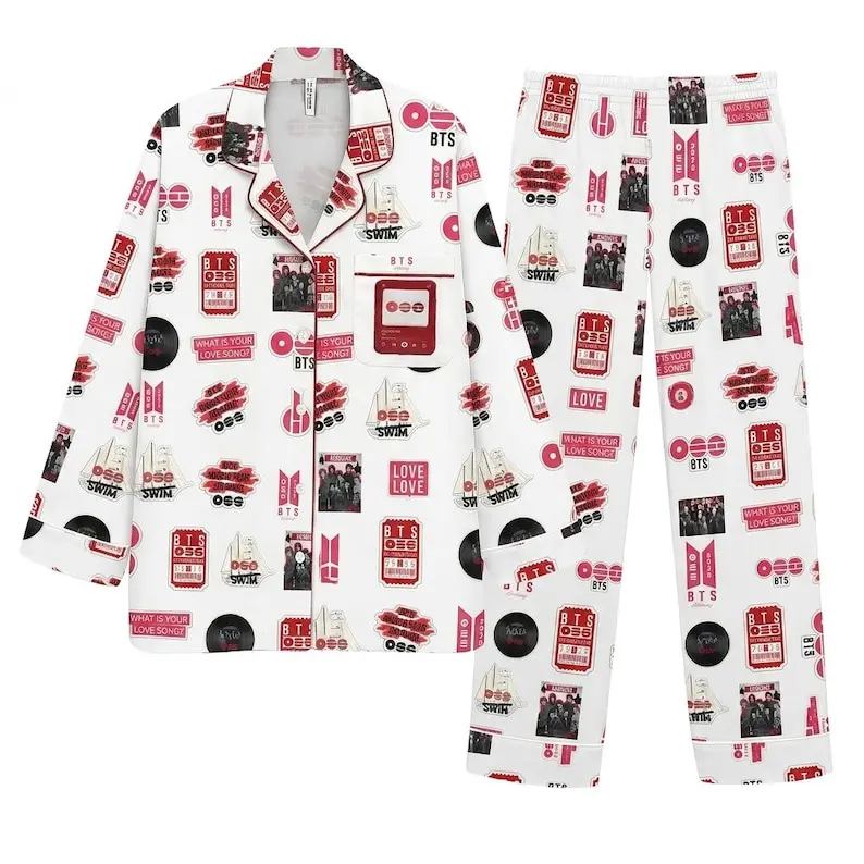 Kpop Inspired Pajama Set, Kpop Music Lover PJs, Bangtan Boys Long Sleeve Sleepwear, Korean Pop Fan Gift, Cozy Lounge Set
