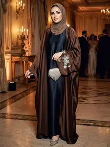 Embroidered Beaded Embellishments Flower Butterfly Batwing Sleeve Cardigan, One-piece Elegant Modest Fashion Design Islamic Muslim Clothing Party Robe, Daily Wear Long Robe