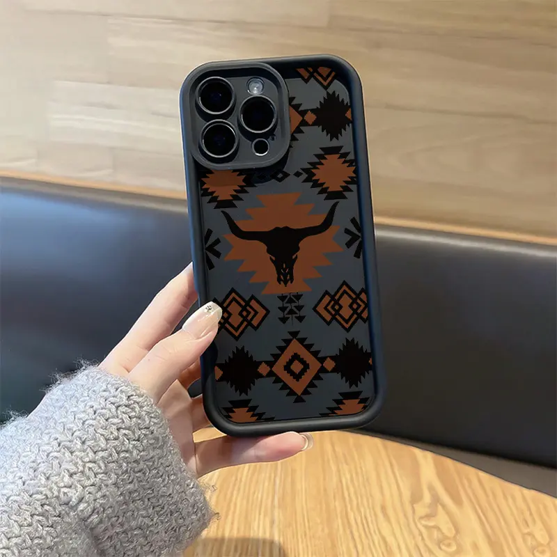 TPU Plastic Cellphone Casing - Black Bamboo & Western Cow Bone Geometric Design, Shockproof, Full Protection, Precise Holes, Multi-Model Support for iPhone 6/7/8/X/11/12/13/14/15/16 Pro/16 Pro Max/16 Plus/17 Smartphone