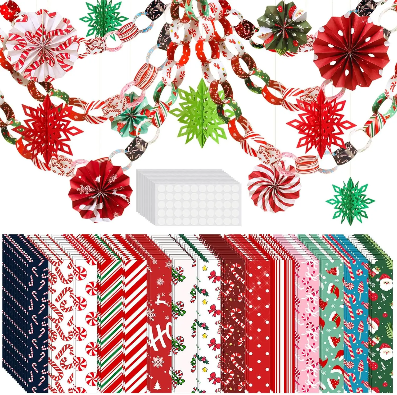 612 Pcs Christmas Paper Chain Strips Crafts Decorations Including 600 Sheets Paper Chain Strips with 6 Pcs 3D Snowflake 6 Fans Festive Craft Supplies for Xmas Holiday Party Holiday