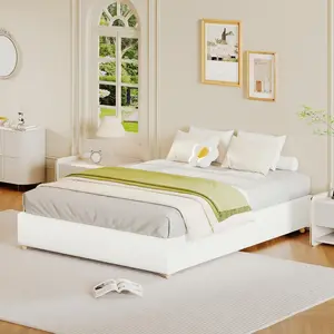 Full Size Cloud Bed Frame，Corduroy Low Bed Frame Without Headboard, Thick Fabric Upholstered Platform Bed, Solid Wood Legs, No Box Spring Needed, Never Squeak, Easy Assembly, White