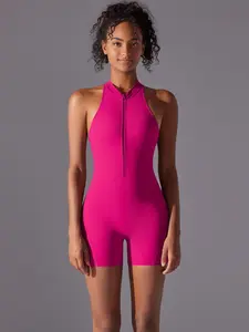 Women's Solid Zip Up Sports Romper, Fitness Outfits, Casual Comfy Breathable Sleeveless Bodycon Romper for Yoga Gym Workout, Ladies Sportswear for All Seasons, Sporty Jumpsuit