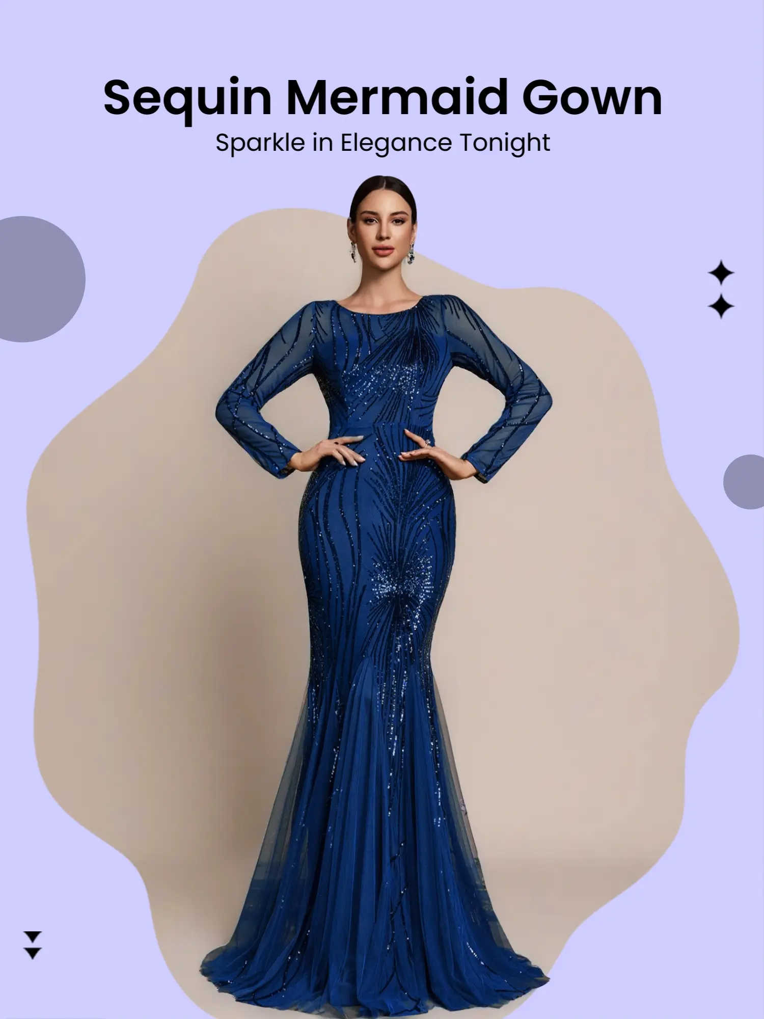 Women's Solid Contrast Sequins Formal Evening Dress, Elegant Fitted Long Sleeve Round Neck Evening Party Gown, Ladies Clothes, Womenswear, Garment for Special Occasions, Chic Elegant Dress