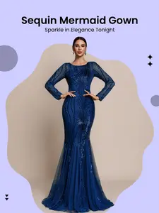 Women's Solid Contrast Sequins Formal Evening Dress, Elegant Fitted Long Sleeve Round Neck Evening Party Gown, Ladies Clothes, Womenswear, Garment for Special Occasions
