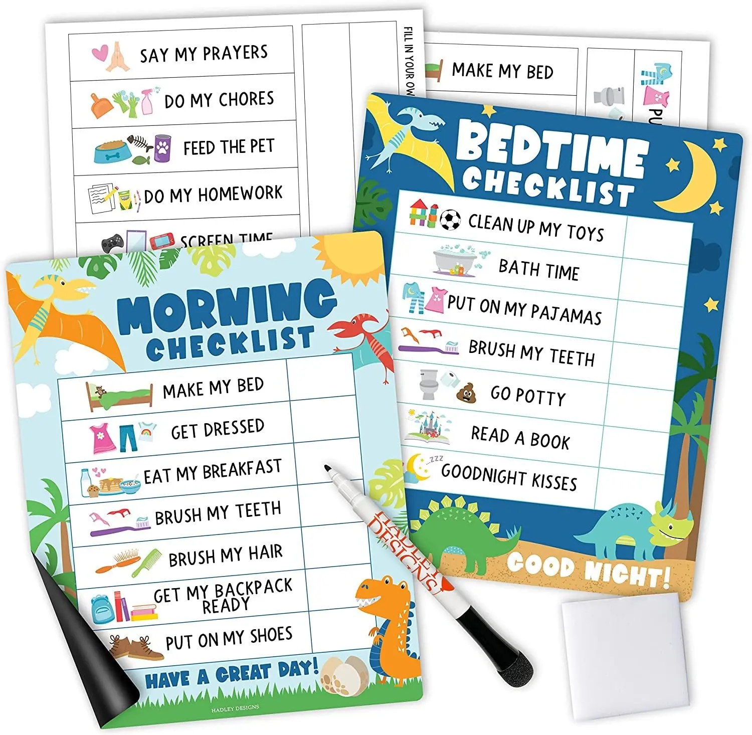 Hadley Designs Kids Day & Night Routine Charts 8x10 inch Magnetic Morning & Bedtime Checklists with Stickers Dry Erase Marker & Melamine Eraser for Preschoolers Ages 4-8 Learning Tools Visual Learning Materials