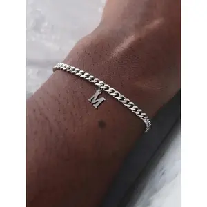 Letter Charm Decor Cuban Chain Bracelet, Minimalist Stainless Steel Personalized Jewelry for Men, Trendy Versatile Accessory