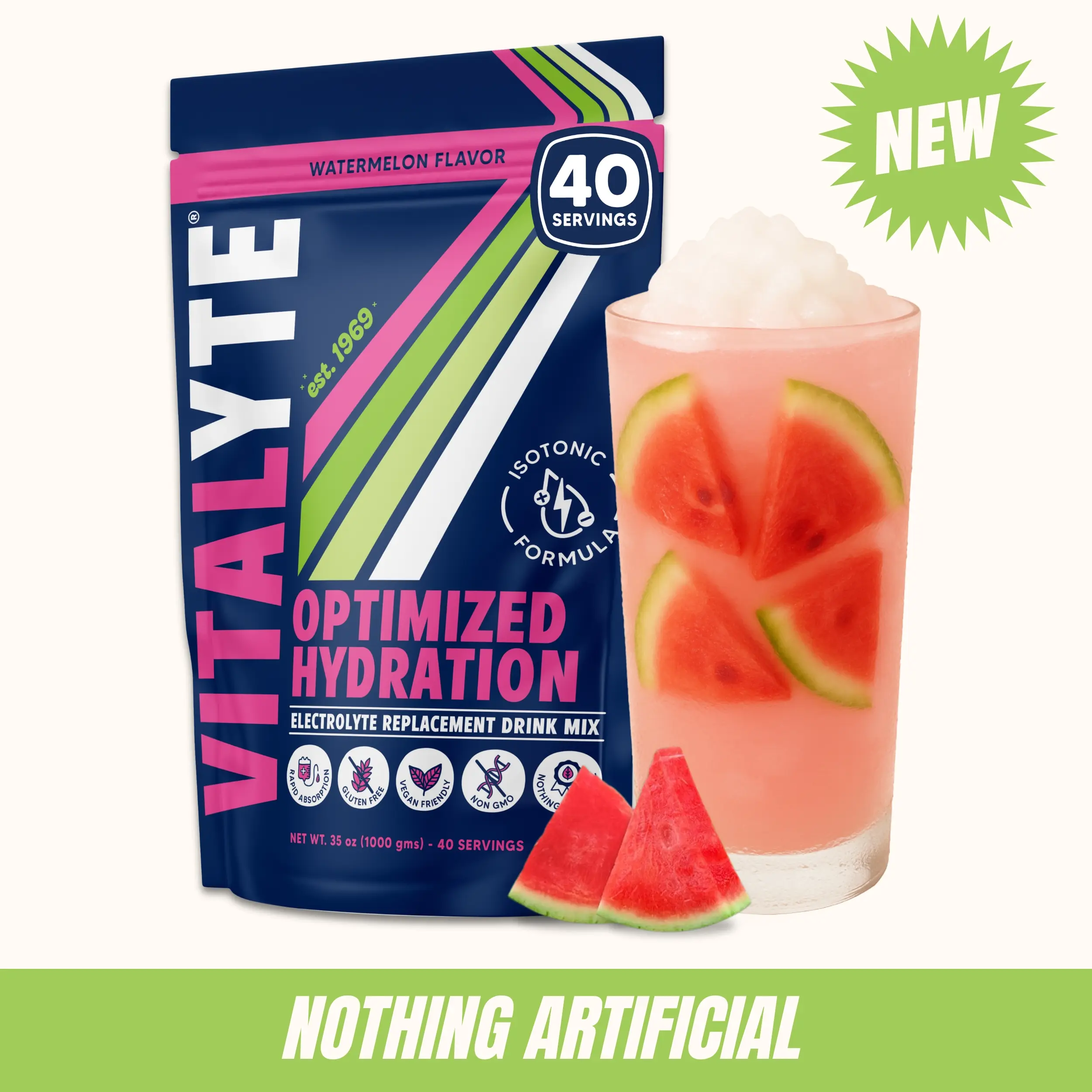Vitalyte Electrolytes Powder Drink Mix - Clean Formula With No Artificial Sweeteners - Optimal Ratio of Sodium, Potassium, & Magnesium - Gluten-Free - Watermelon - 35 oz (40 servings)