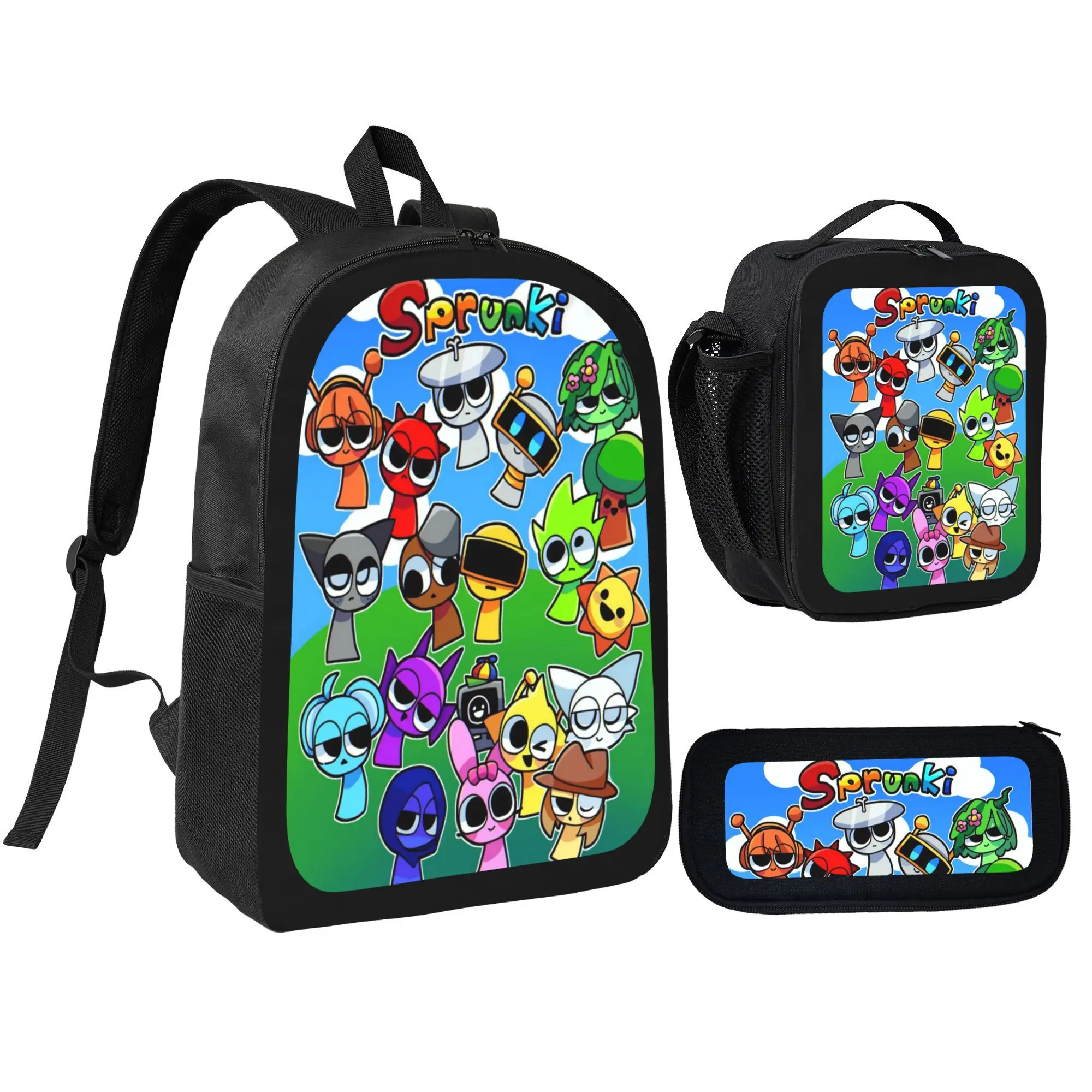 Sprunki Cartoon Character 3pcs Backpack Set - Lightweight Polyester Bookbag with Matching Pencil Bag and Insulated Lunchbox for Kids Teens