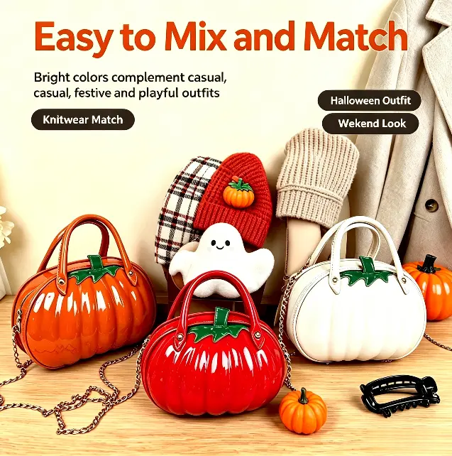 Women's Trendy Crossbody Bag - Glossy Pumpkin-Shaped Hard Shell Handbag, Detachable Metal Chain Strap, Green Stem Ornament, Convertible for Halloween Parties, Daily Casual Use, Aesthetic Handbag