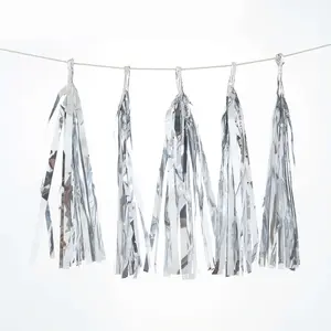7.5ft Long Metallic Silver Foil Tassels Fringe Garland, Tinsel Streamer Party Backdrop Decorations