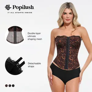 【Runs Small】Popilush Leopard Corset Top Women's  Style Sexy Detachable Strap Lace Up Sculpting Shapewear
